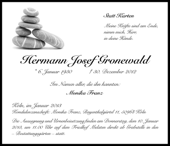 Anzeige von Hermann Josef Gronewald von Kölner Stadt-Anzeiger / Kölnische Rundschau / Express
