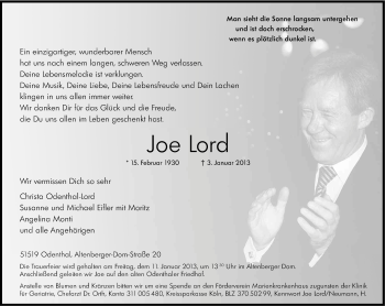 Anzeige von Joe Lord von Kölner Stadt-Anzeiger / Kölnische Rundschau / Express