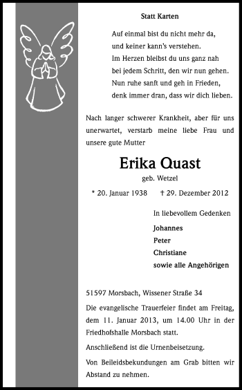 Anzeige von Erika Quast von Kölner Stadt-Anzeiger / Kölnische Rundschau / Express