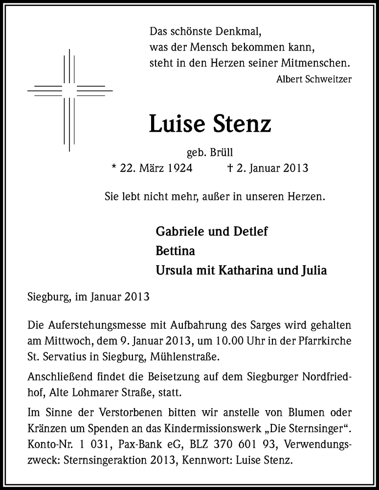  Traueranzeige für Luise Stenz vom 05.01.2013 aus Kölner Stadt-Anzeiger / Kölnische Rundschau / Express