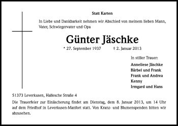 Anzeige von Günter Jäschke von Kölner Stadt-Anzeiger / Kölnische Rundschau / Express