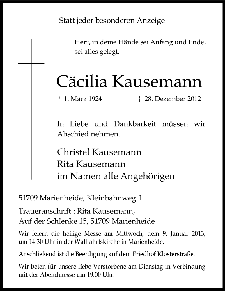 Traueranzeige für Cäcilia Kausemann vom 05.01.2013 aus Kölner Stadt-Anzeiger / Kölnische Rundschau / Express