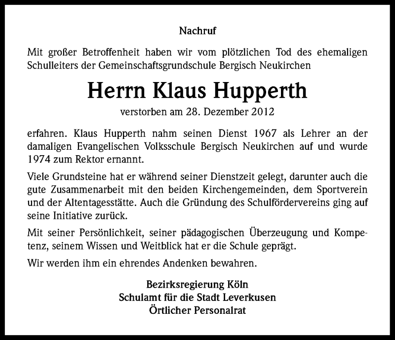  Traueranzeige für Klaus Hupperth vom 08.01.2013 aus Kölner Stadt-Anzeiger / Kölnische Rundschau / Express