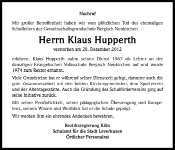 Anzeige von Klaus Hupperth von Kölner Stadt-Anzeiger / Kölnische Rundschau / Express