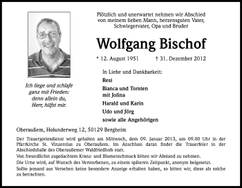 Anzeige von Wolfgang Bischof von Kölner Stadt-Anzeiger / Kölnische Rundschau / Express