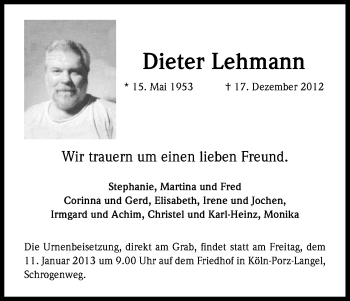Anzeige von Dieter Lehmann von Kölner Stadt-Anzeiger / Kölnische Rundschau / Express