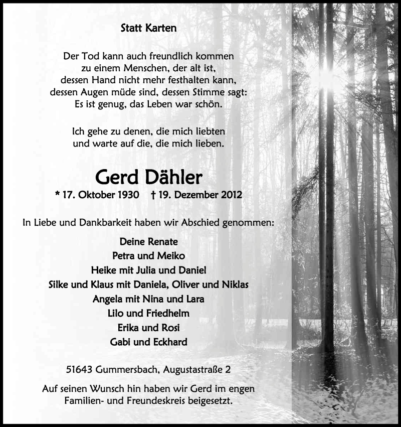  Traueranzeige für Gerd Dähler vom 09.01.2013 aus Kölner Stadt-Anzeiger / Kölnische Rundschau / Express