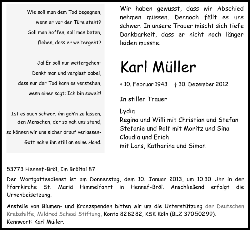  Traueranzeige für Karl Müller vom 05.01.2013 aus Kölner Stadt-Anzeiger / Kölnische Rundschau / Express