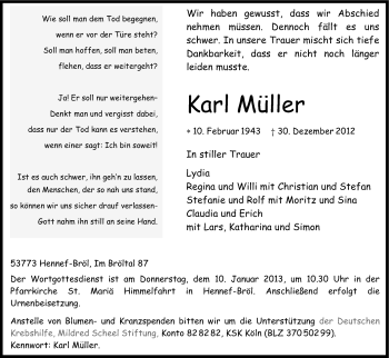 Anzeige von Karl Müller von Kölner Stadt-Anzeiger / Kölnische Rundschau / Express