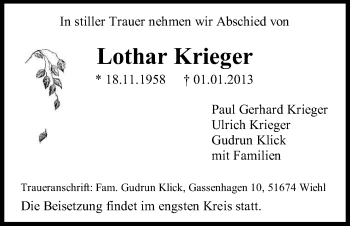Anzeige von Lothar Krieger von Kölner Stadt-Anzeiger / Kölnische Rundschau / Express