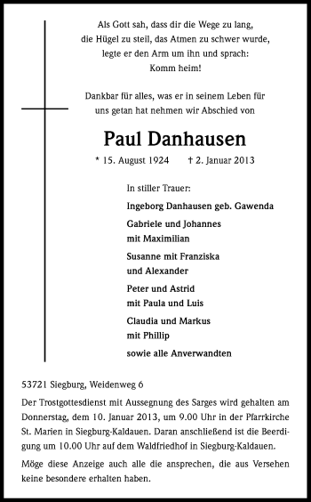 Anzeige von Paul Danhausen von Kölner Stadt-Anzeiger / Kölnische Rundschau / Express
