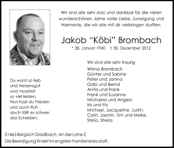 Anzeige von Jakob Brombach von Kölner Stadt-Anzeiger / Kölnische Rundschau / Express