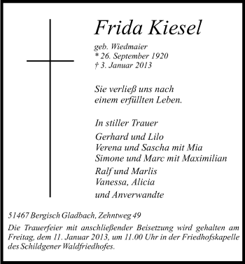 Anzeige von Frida Kiesel von Kölner Stadt-Anzeiger / Kölnische Rundschau / Express