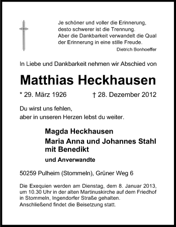 Anzeige von Matthias Heckhausen von Kölner Stadt-Anzeiger / Kölnische Rundschau / Express