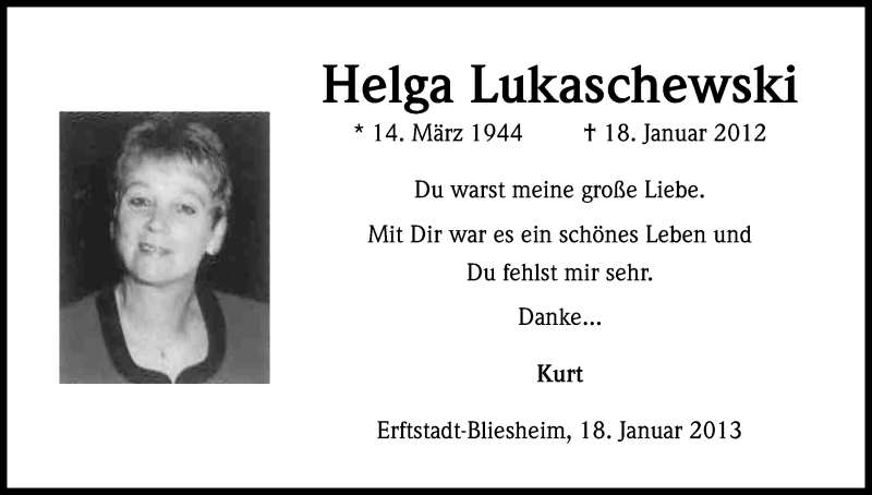  Traueranzeige für Helga Lukaschewski vom 18.01.2013 aus Kölner Stadt-Anzeiger / Kölnische Rundschau / Express