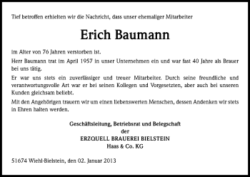 Anzeige von Erich Baumann von Kölner Stadt-Anzeiger / Kölnische Rundschau / Express