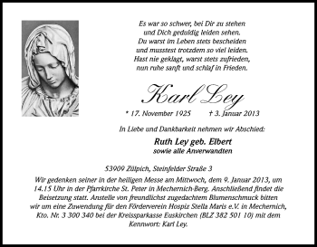 Anzeige von Karl Ley von Kölner Stadt-Anzeiger / Kölnische Rundschau / Express