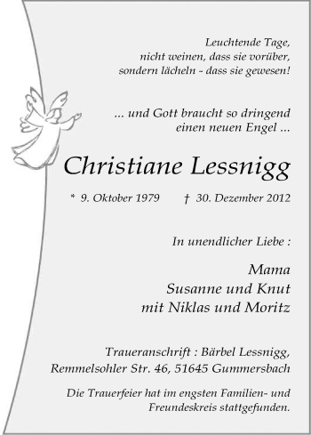 Anzeige von Christiane Lessnigg von Kölner Stadt-Anzeiger / Kölnische Rundschau / Express