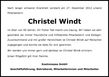 Anzeige von Christel Windt von Kölner Stadt-Anzeiger / Kölnische Rundschau / Express