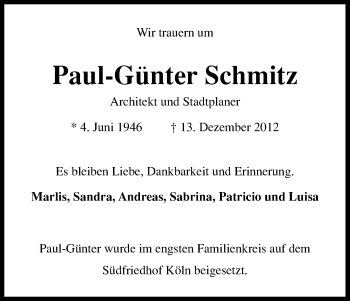 Anzeige von Paul-Günter Schmitz von Kölner Stadt-Anzeiger / Kölnische Rundschau / Express
