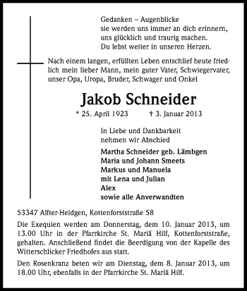 Anzeige von Jakob Schneider von Kölner Stadt-Anzeiger / Kölnische Rundschau / Express