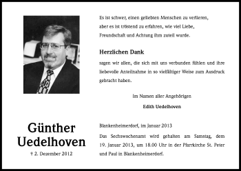 Anzeige von Günther Uedelhoven von Kölner Stadt-Anzeiger / Kölnische Rundschau / Express