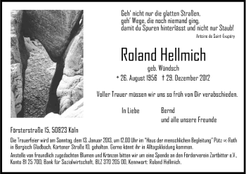 Anzeige von Hellmich Roland von Kölner Stadt-Anzeiger / Kölnische Rundschau / Express
