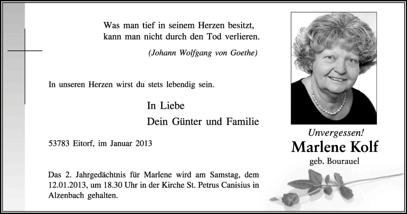  Traueranzeige für Marlene Kolf vom 12.01.2013 aus Kölner Stadt-Anzeiger / Kölnische Rundschau / Express