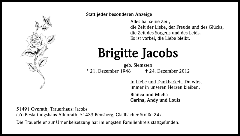  Traueranzeige für Brigitte Jacobs vom 12.01.2013 aus Kölner Stadt-Anzeiger / Kölnische Rundschau / Express
