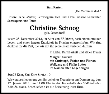 Anzeige von Christine Schoog von Kölner Stadt-Anzeiger / Kölnische Rundschau / Express