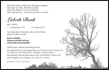 Anzeige von Lisbeth Bank von Kölner Stadt-Anzeiger / Kölnische Rundschau / Express