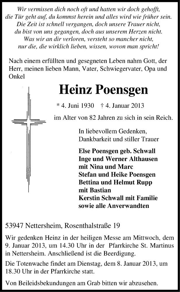  Traueranzeige für Heinz Poensgen vom 07.01.2013 aus Kölner Stadt-Anzeiger / Kölnische Rundschau / Express