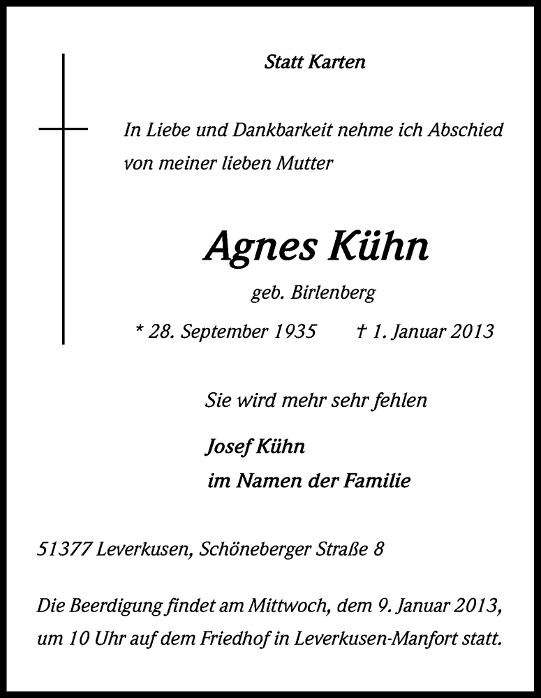  Traueranzeige für Agnes Kühn vom 07.01.2013 aus Kölner Stadt-Anzeiger / Kölnische Rundschau / Express