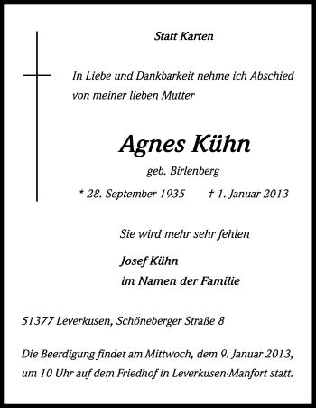 Anzeige von Agnes Kühn von Kölner Stadt-Anzeiger / Kölnische Rundschau / Express