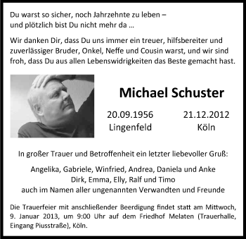 Anzeige von Michael Schuster von Kölner Stadt-Anzeiger / Kölnische Rundschau / Express