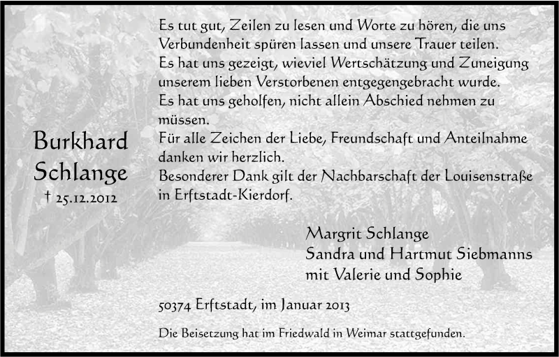  Traueranzeige für Burkhard Schlange vom 12.01.2013 aus Kölner Stadt-Anzeiger / Kölnische Rundschau / Express