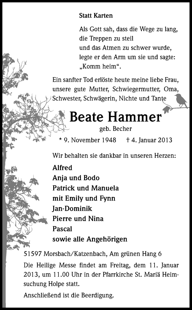  Traueranzeige für Beate Hammer vom 08.01.2013 aus Kölner Stadt-Anzeiger / Kölnische Rundschau / Express