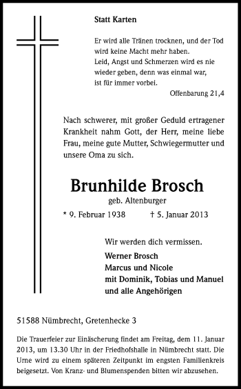 Anzeige von Brunhilde Brosch von Kölner Stadt-Anzeiger / Kölnische Rundschau / Express