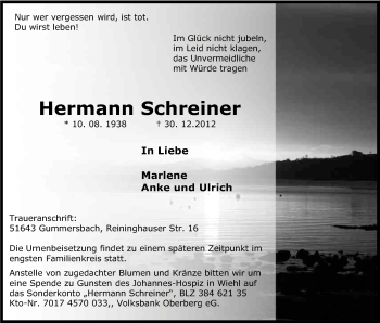 Anzeige von Hermann Schreiner von Kölner Stadt-Anzeiger / Kölnische Rundschau / Express