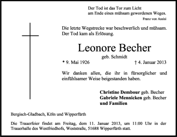 Anzeige von Leonore Becher von Kölner Stadt-Anzeiger / Kölnische Rundschau / Express