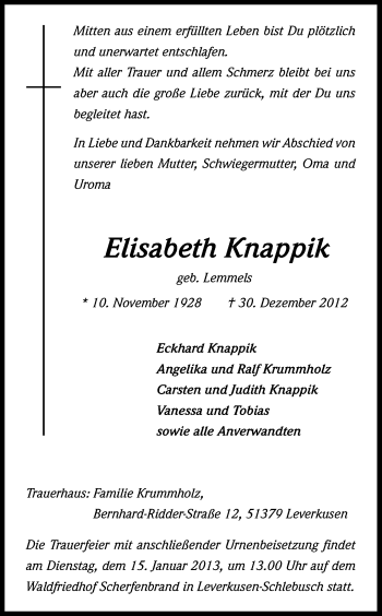Anzeige von Elisabeth Knappik von Kölner Stadt-Anzeiger / Kölnische Rundschau / Express