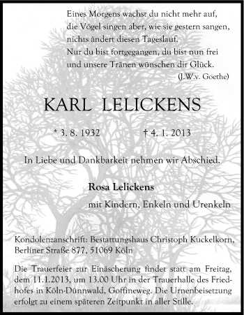 Anzeige von Karl Lelickens von Kölner Stadt-Anzeiger / Kölnische Rundschau / Express