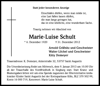 Anzeige von Marie-Luise Schult von Kölner Stadt-Anzeiger / Kölnische Rundschau / Express
