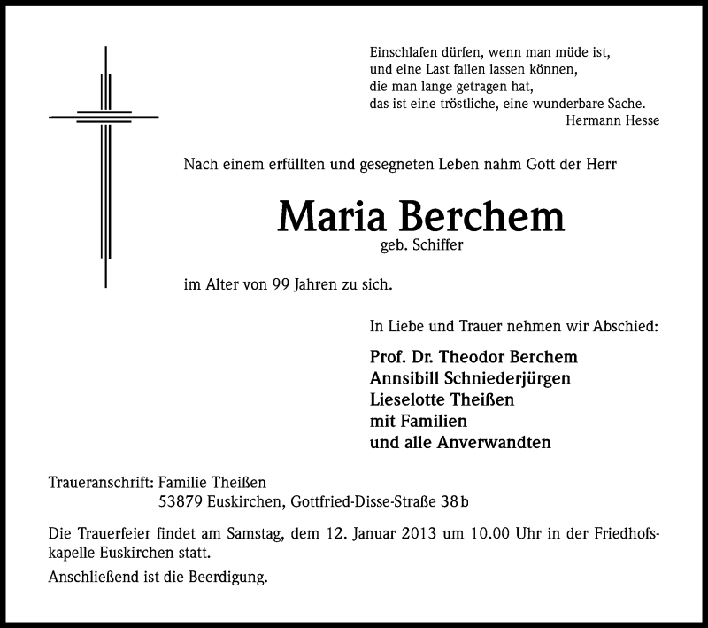  Traueranzeige für Maria Berchem vom 08.01.2013 aus Kölner Stadt-Anzeiger / Kölnische Rundschau / Express