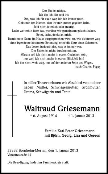 Anzeige von Waltraud Griesemann von Kölner Stadt-Anzeiger / Kölnische Rundschau / Express