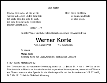 Anzeige von Werner Korte von Kölner Stadt-Anzeiger / Kölnische Rundschau / Express