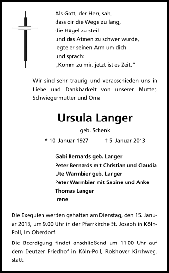 Anzeige von Ursula Langer von Kölner Stadt-Anzeiger / Kölnische Rundschau / Express