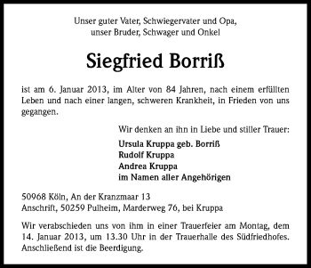 Anzeige von Siegfried Borriß von Kölner Stadt-Anzeiger / Kölnische Rundschau / Express