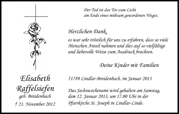 Anzeige von Elisabeth Raffelsiefen von Kölner Stadt-Anzeiger / Kölnische Rundschau / Express