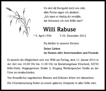Anzeige von Willi Rabuse von Kölner Stadt-Anzeiger / Kölnische Rundschau / Express